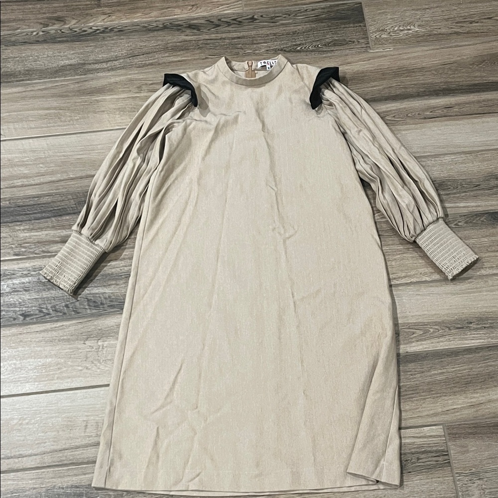 TWELVE Beige Long Pleated Sleeve Dress with Black Ruffle EUC